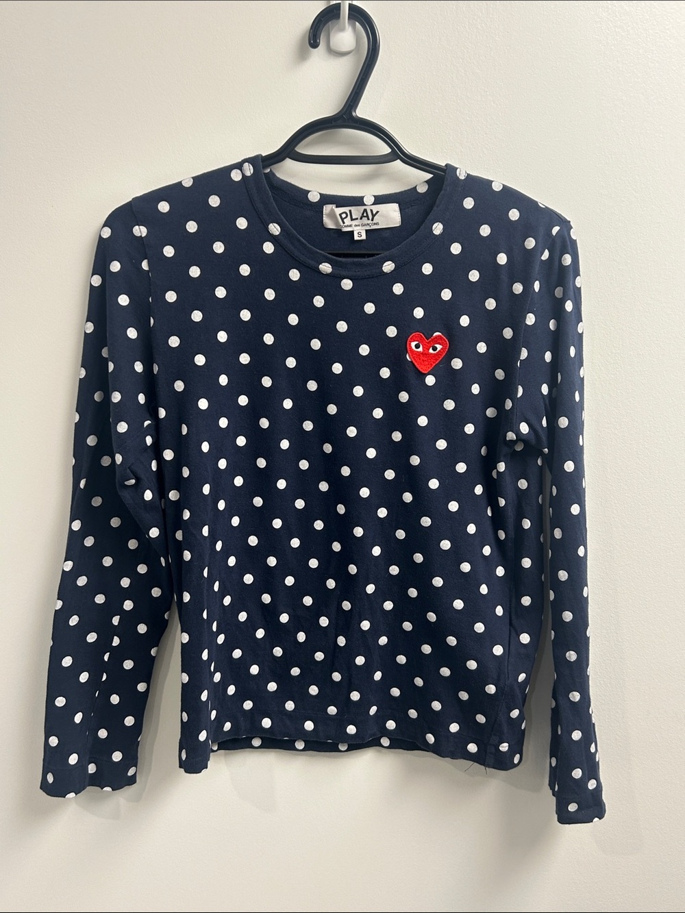 Comme des Garcons Play Navy Polka Dot Long-Sleeve Top with Red Heart
